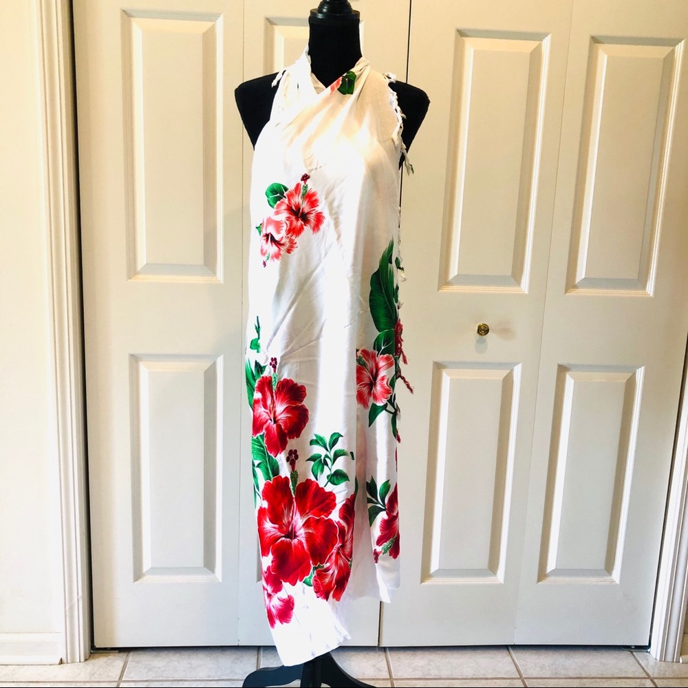 White and Red Hibiscus Flower Sarong Cover Up